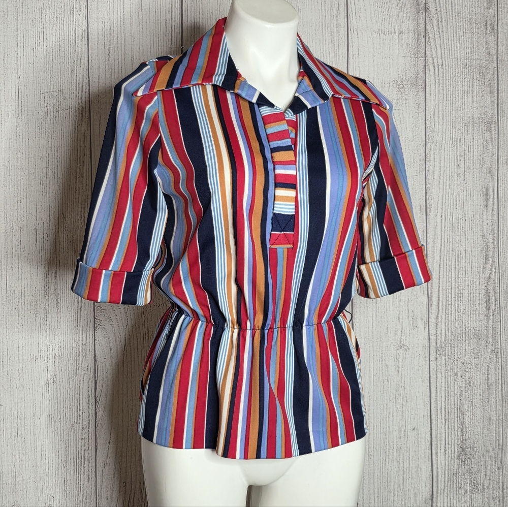 Vintage 70s Bold Striped Collared Top Elastic Waist Blouse, sz Medium